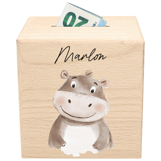 Spardose für Kinder Nilpferd personalisiert Safari Tiere Sparbox aus Holz Sparschwein mit Schlüssel Taufgeschenk für Jungen & Mädchen