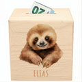 Faultier Spardose für Kinder personalisiert Sparbox aus Holz Sparschwein mit Schlüssel Taufgeschenk für Jungen und Mädchen