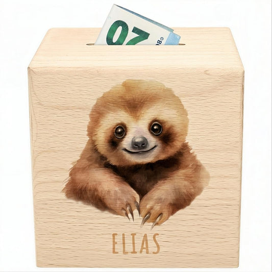 Faultier Spardose für Kinder personalisiert Sparbox aus Holz Sparschwein mit Schlüssel Taufgeschenk für Jungen und Mädchen