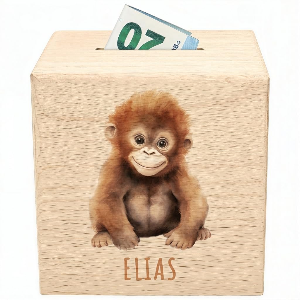Affe Spardose für Kinder personalisiert Sparbox aus Holz Sparschwein mit Schlüssel Taufgeschenk für Jungen und Mädchen