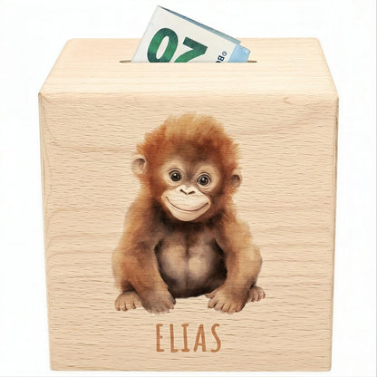 Affe Spardose für Kinder personalisiert Sparbox aus Holz Sparschwein mit Schlüssel Taufgeschenk für Jungen und Mädchen