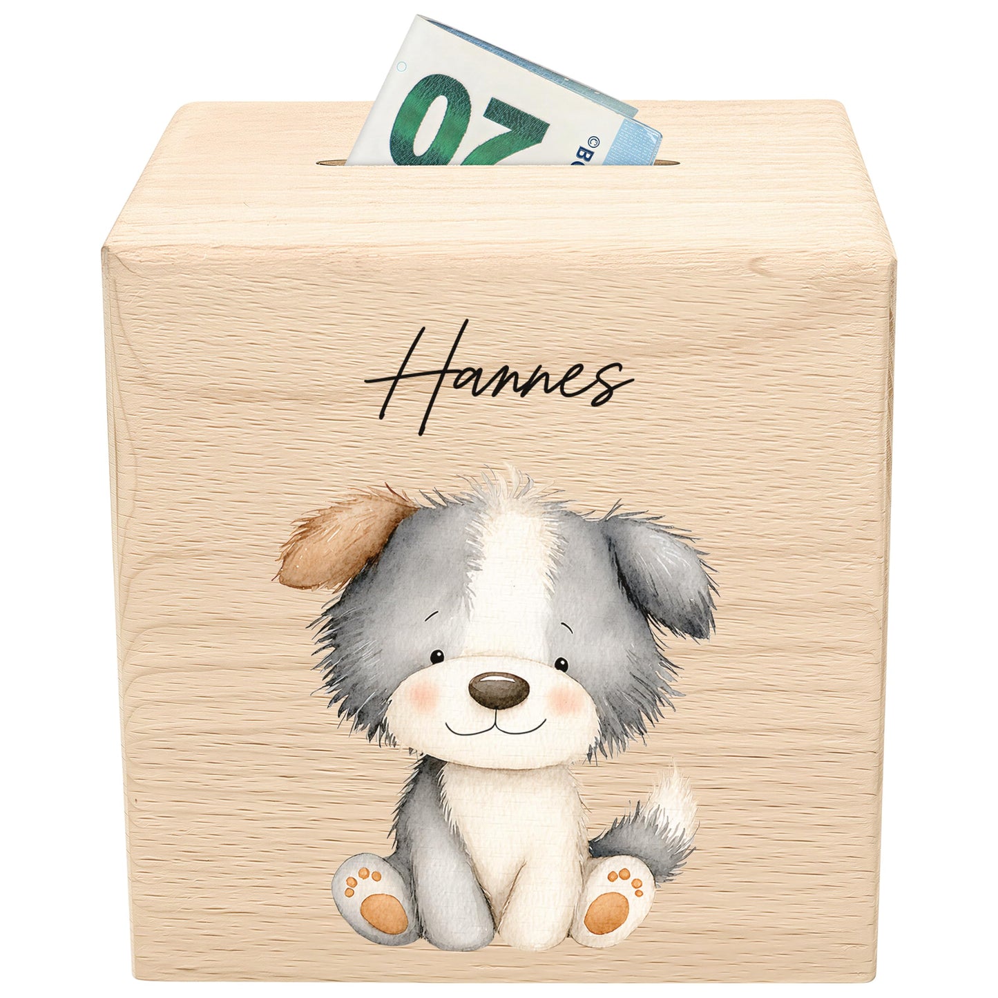 Hund Spardose für Kinder aus Holz personalisierte Sparbox Holzspardose mit Schlüssel als Geldgeschenk