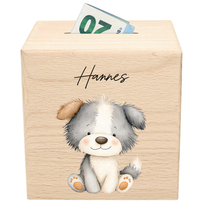 Hund Spardose für Kinder aus Holz personalisierte Sparbox Holzspardose mit Schlüssel als Geldgeschenk