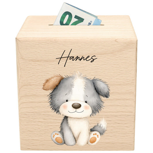 Hund Spardose für Kinder aus Holz personalisierte Sparbox Holzspardose mit Schlüssel als Geldgeschenk