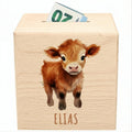 Kuh Spardose für Kinder personalisiert Sparbox aus Holz Sparschwein mit Schlüssel Taufgeschenk für Jungen und Mädchen