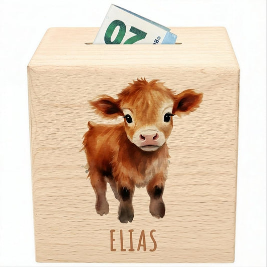 Kuh Spardose für Kinder personalisiert Sparbox aus Holz Sparschwein mit Schlüssel Taufgeschenk für Jungen und Mädchen