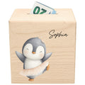 Spardose für Mädchen personalisierte Sparbox aus Holz mit Pinguin Geldgeschenk für Kinder