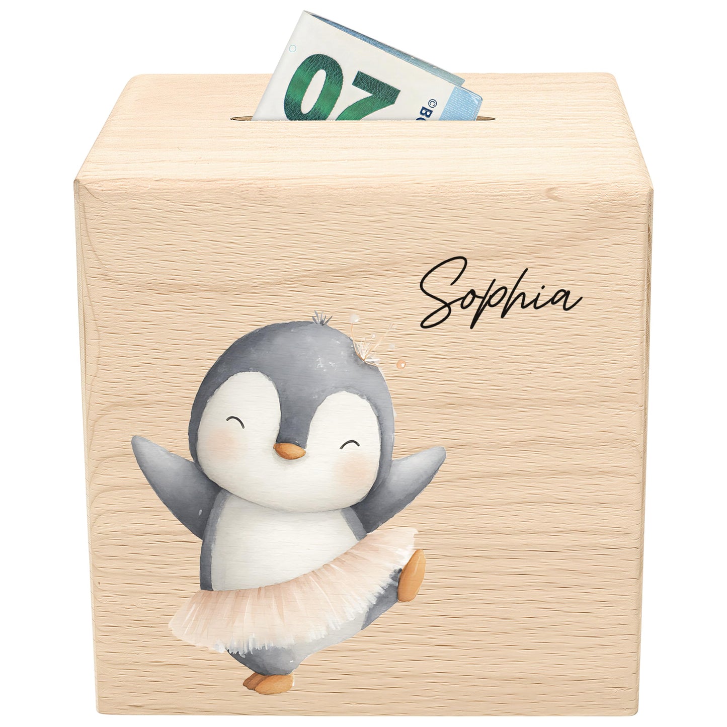 Spardose für Mädchen personalisierte Sparbox aus Holz mit Pinguin Geldgeschenk für Kinder