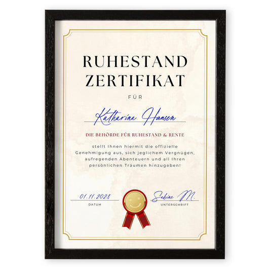 Renteneintritt Geschenk für Frauen & Männer personalisierte Rentenurkunde zum Ruhestand
