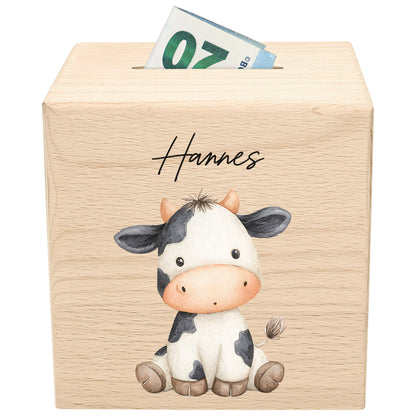 Kuh Spardose für Kinder aus Holz personalisierte Sparbox Holzspardose mit Schlüssel als Geldgeschenk