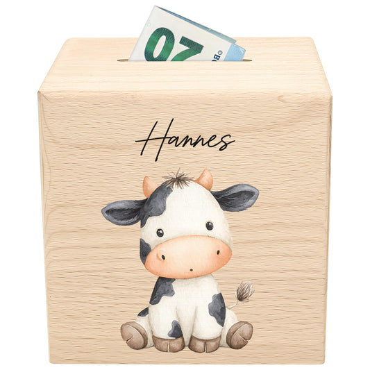 Kuh Spardose für Kinder aus Holz personalisierte Sparbox Holzspardose mit Schlüssel als Geldgeschenk