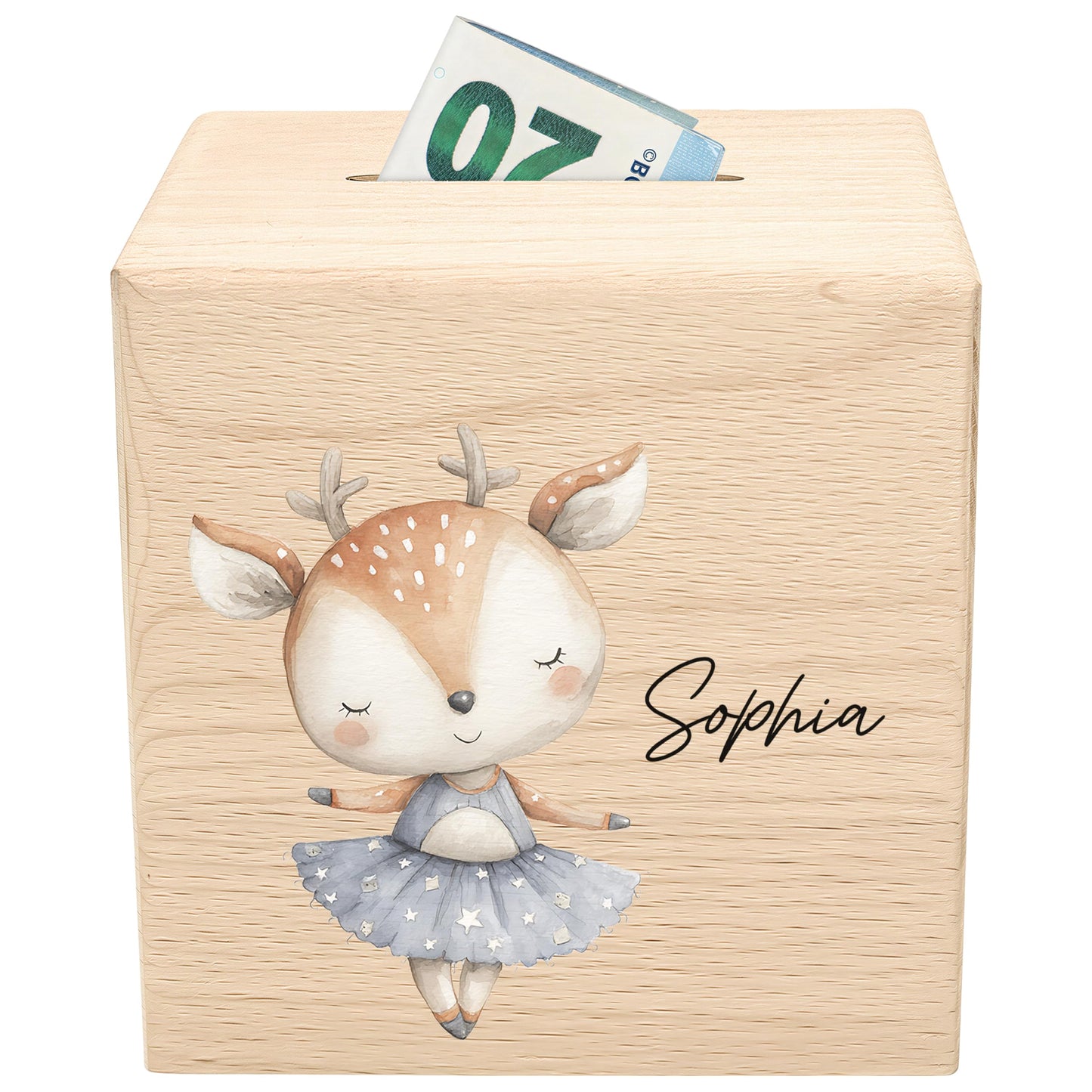 Spardose für Mädchen personalisierte Sparbox aus Holz mit REH Geldgeschenk für Kinder