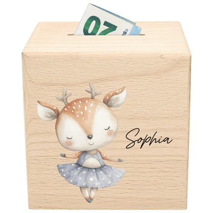 Spardose für Mädchen personalisierte Sparbox aus Holz mit REH Geldgeschenk für Kinder