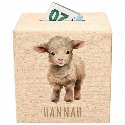 Schaf Spardose für Kinder personalisiert Sparbox aus Holz Sparschwein mit Schlüssel Taufgeschenk für Jungen und Mädchen