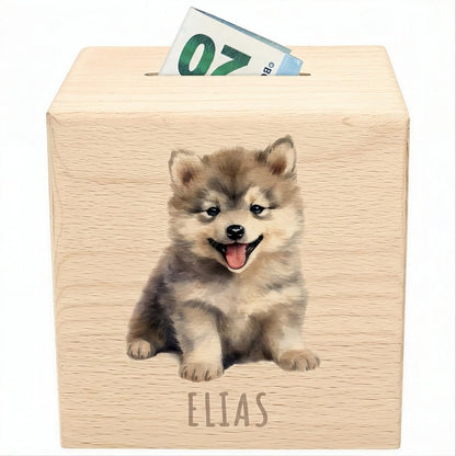 Wolf Spardose für Kinder personalisiert Sparbox aus Holz Sparschwein mit Schlüssel Taufgeschenk für Jungen und Mädchen