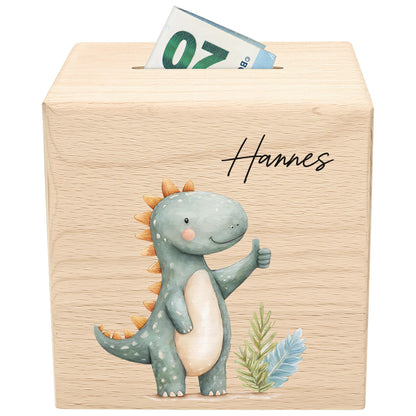 Spardose Dino für Jungen personalisierte Sparbox aus Holz Sparschwein für Kinder V2