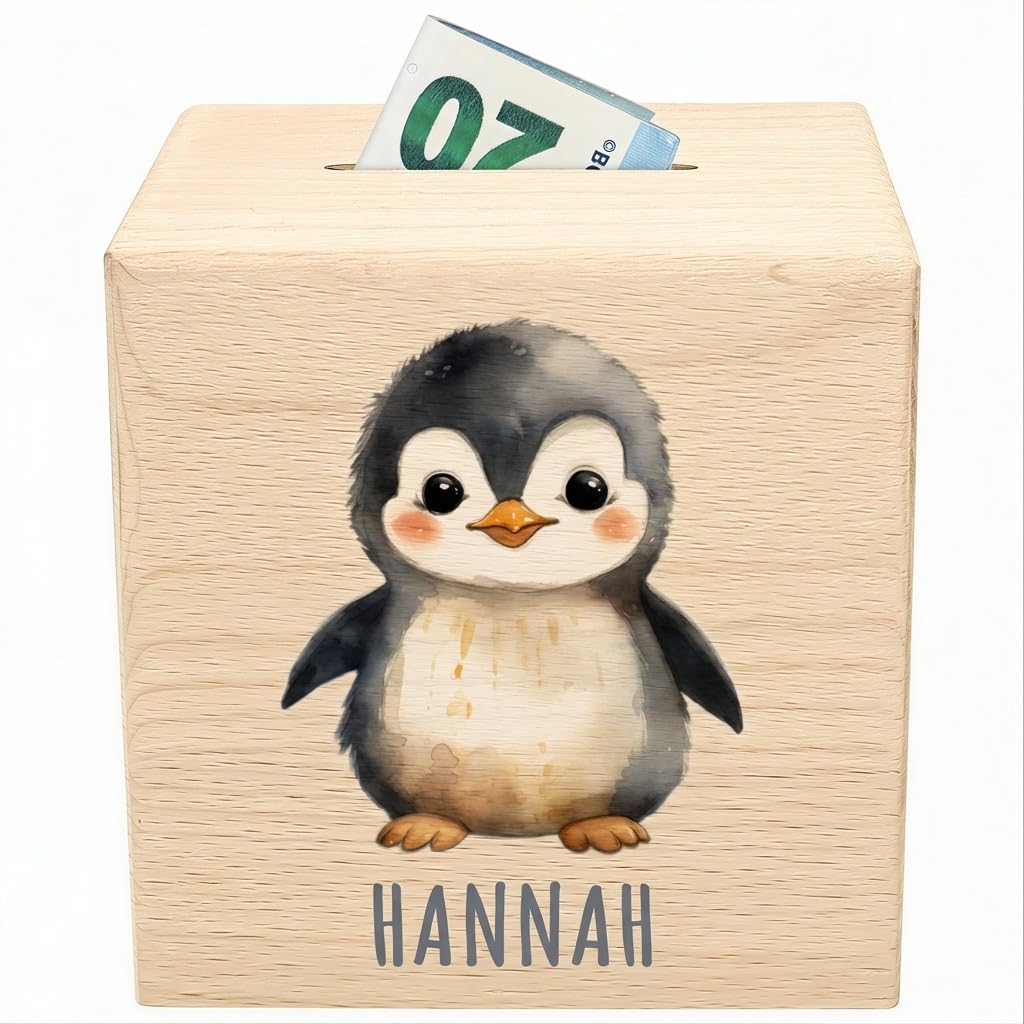 Pinguin Spardose für Kinder personalisiert Sparbox aus Holz Sparschwein mit Schlüssel Taufgeschenk für Jungen und Mädchen