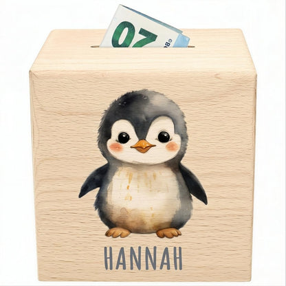 Pinguin Spardose für Kinder personalisiert Sparbox aus Holz Sparschwein mit Schlüssel Taufgeschenk für Jungen und Mädchen
