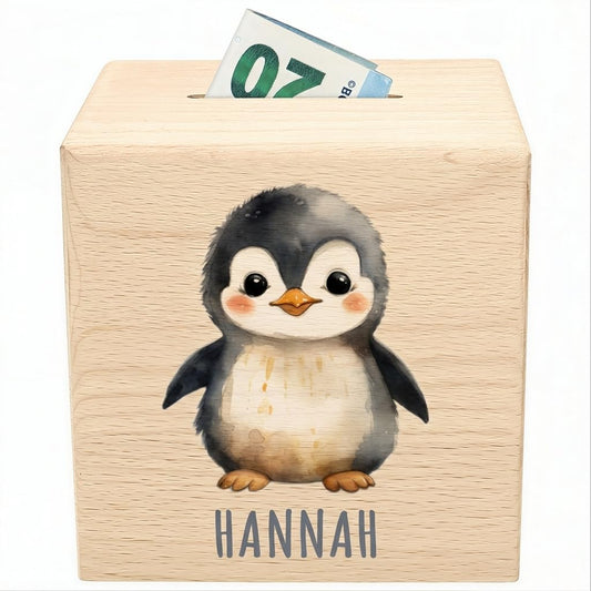 Pinguin Spardose für Kinder personalisiert Sparbox aus Holz Sparschwein mit Schlüssel Taufgeschenk für Jungen und Mädchen