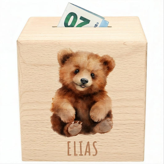 Bär Spardose für Kinder personalisiert Sparbox aus Holz Sparschwein mit Schlüssel Taufgeschenk für Jungen und Mädchen
