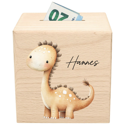 Spardose Dino für Jungen personalisierte Sparbox aus Holz Sparschwein für Kinder V1