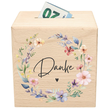 Danke Trinkgeldkasse mit Wildblumen Spardose aus Holz als Kaffeekasse