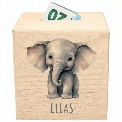 Elefant Spardose für Kinder personalisiert Sparbox aus Holz Sparschwein mit Schlüssel Taufgeschenk für Jungen und Mädchen