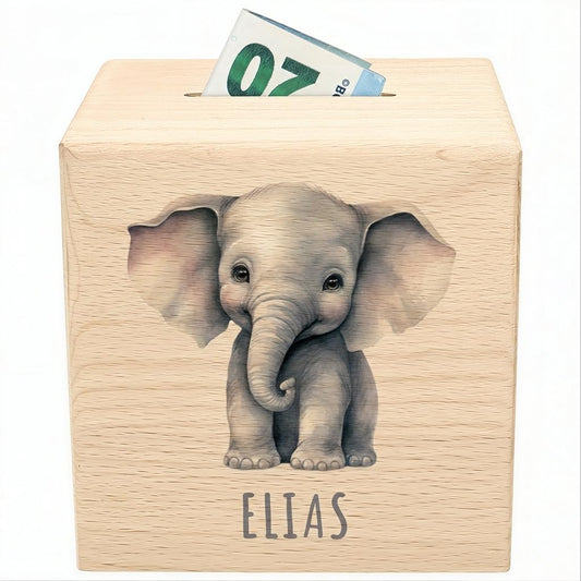 Elefant Spardose für Kinder personalisiert Sparbox aus Holz Sparschwein mit Schlüssel Taufgeschenk für Jungen und Mädchen