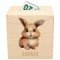 Hase Spardose für Kinder personalisiert Sparbox aus Holz Sparschwein mit Schlüssel Taufgeschenk für Jungen und Mädchen