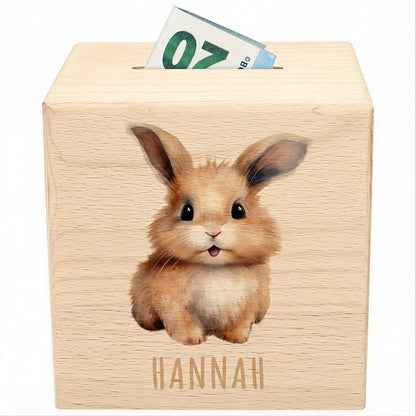 Hase Spardose für Kinder personalisiert Sparbox aus Holz Sparschwein mit Schlüssel Taufgeschenk für Jungen und Mädchen