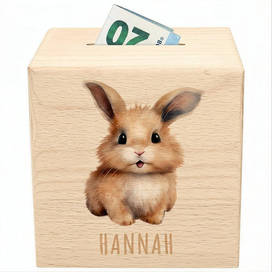 Hase Spardose für Kinder personalisiert Sparbox aus Holz Sparschwein mit Schlüssel Taufgeschenk für Jungen und Mädchen