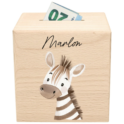 Spardose für Kinder Zebra personalisiert Safari Tiere Sparbox aus Holz Sparschwein mit Schlüssel Taufgeschenk für Jungen & Mädchen