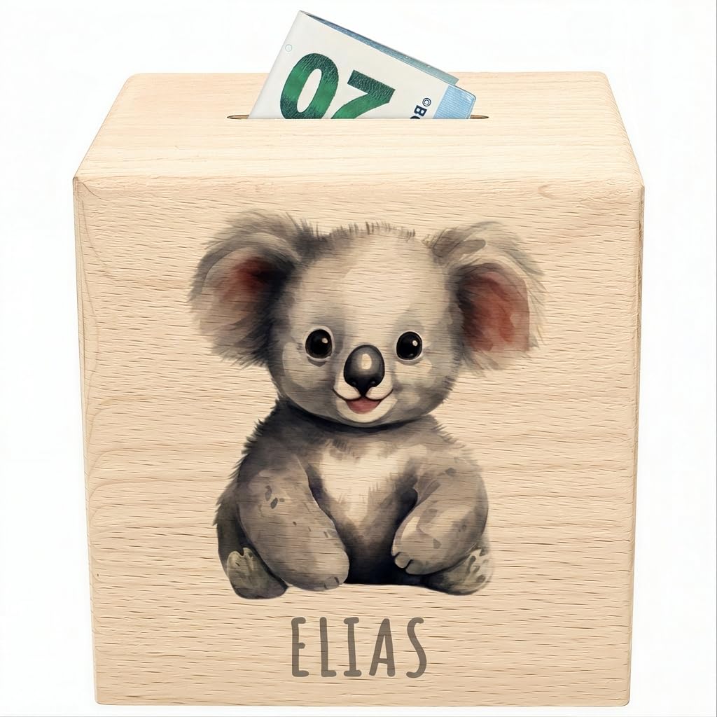 Koala Spardose für Kinder personalisiert Sparbox aus Holz Sparschwein mit Schlüssel Taufgeschenk für Jungen und Mädchen