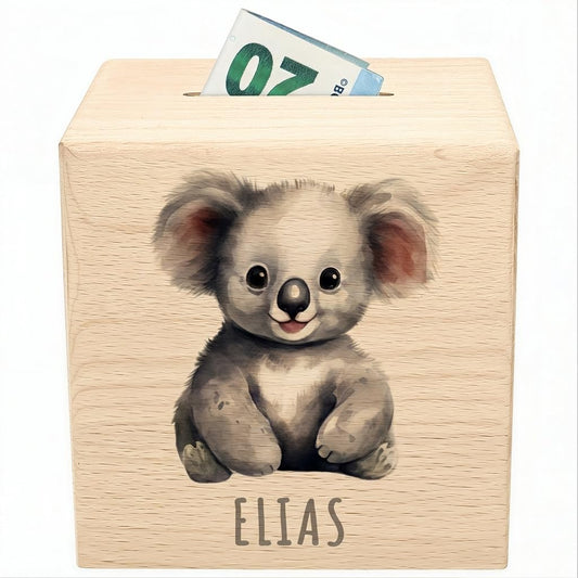 Koala Spardose für Kinder personalisiert Sparbox aus Holz Sparschwein mit Schlüssel Taufgeschenk für Jungen und Mädchen