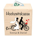 Geldgeschenk zur Hochzeit personalisierte Spardose aus Holz Tandem Hochzeitsgeschenk für Brautpaar