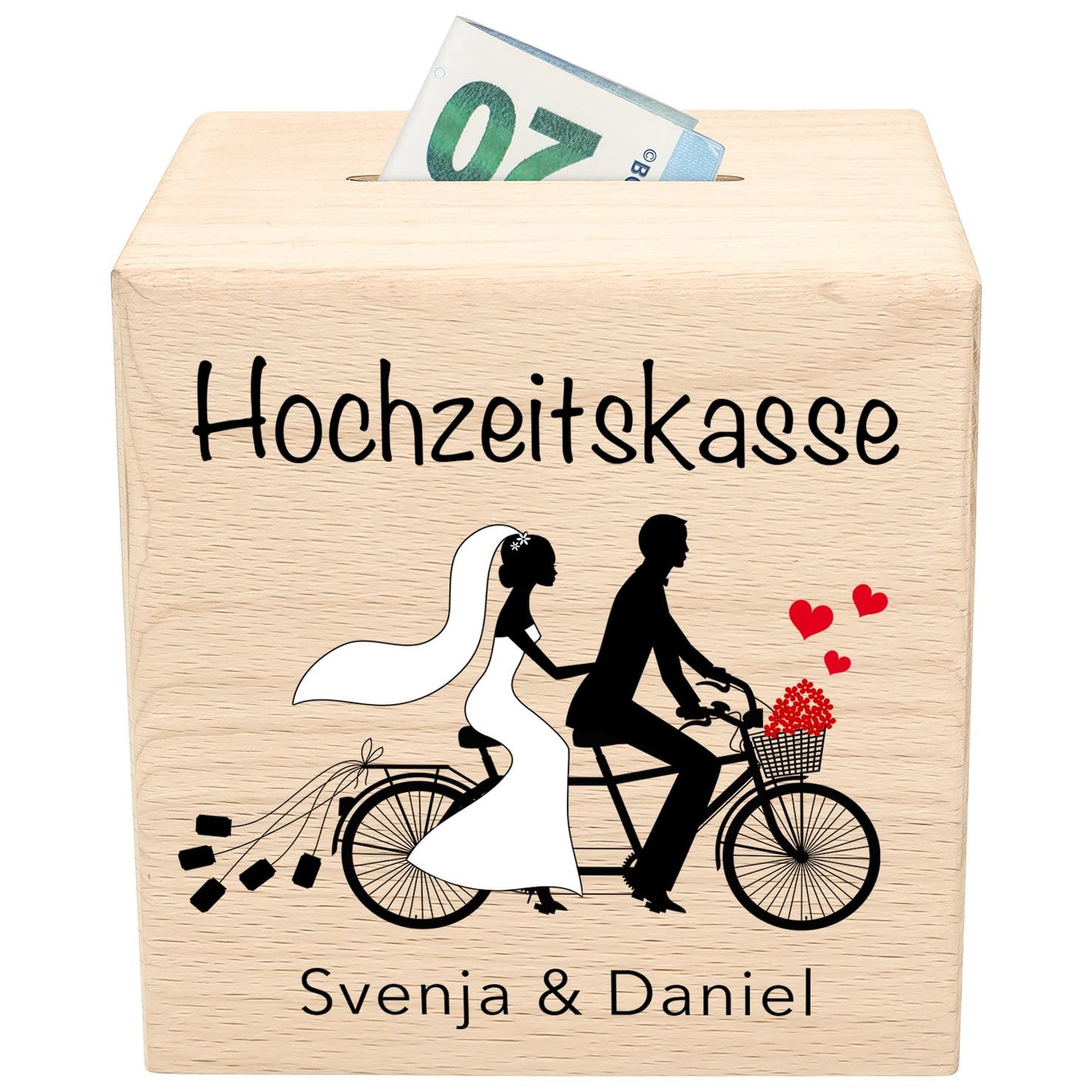 Geldgeschenk zur Hochzeit personalisierte Spardose aus Holz Tandem Hochzeitsgeschenk für Brautpaar
