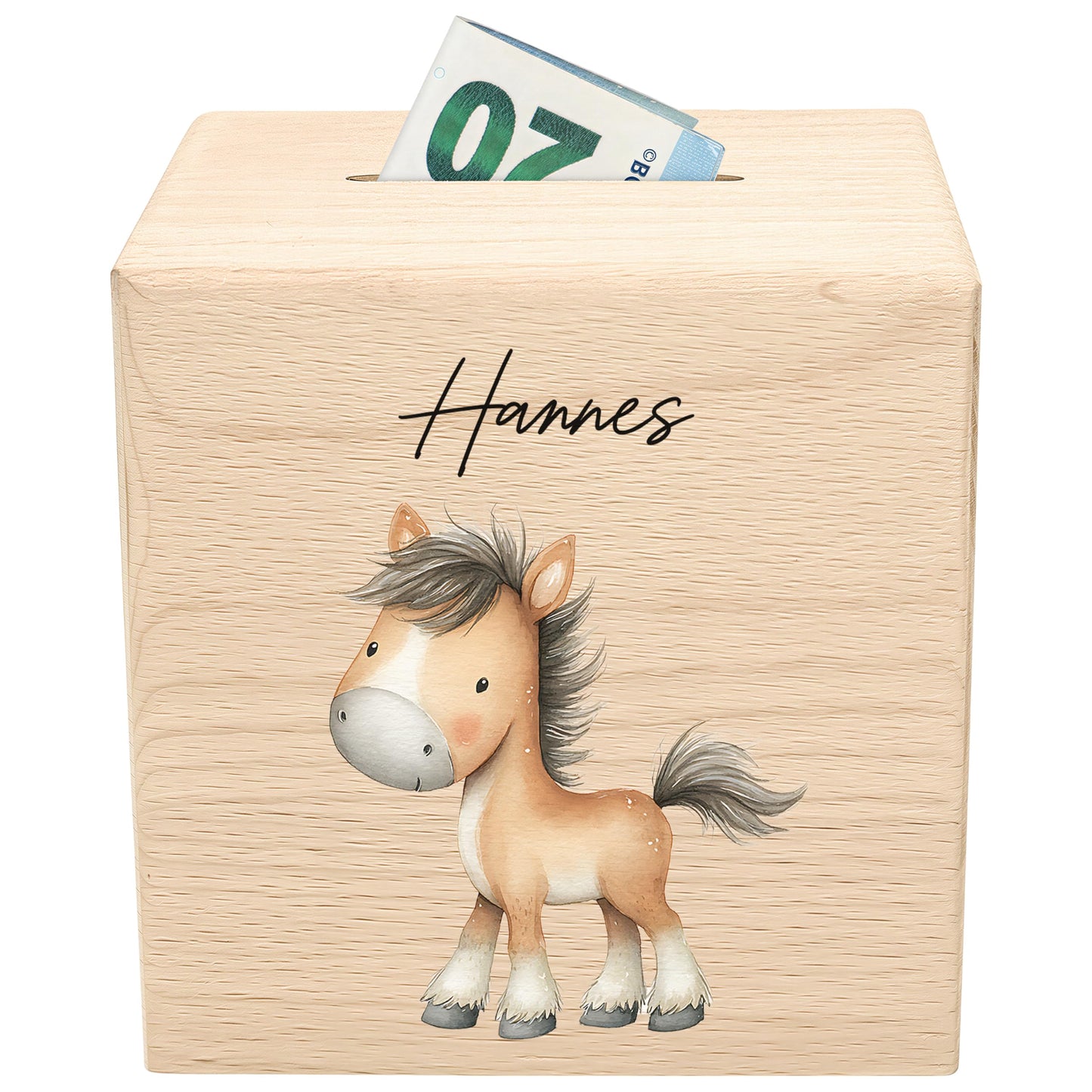 Pferd Spardose für Kinder aus Holz personalisierte Sparbox Holzspardose mit Schlüssel als Geldgeschenk