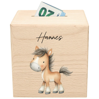 Pferd Spardose für Kinder aus Holz personalisierte Sparbox Holzspardose mit Schlüssel als Geldgeschenk
