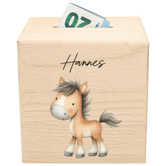 Pferd Spardose für Kinder aus Holz personalisierte Sparbox Holzspardose mit Schlüssel als Geldgeschenk
