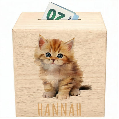 Katze Spardose für Kinder personalisiert Sparbox aus Holz Sparschwein mit Schlüssel Taufgeschenk für Jungen und Mädchen