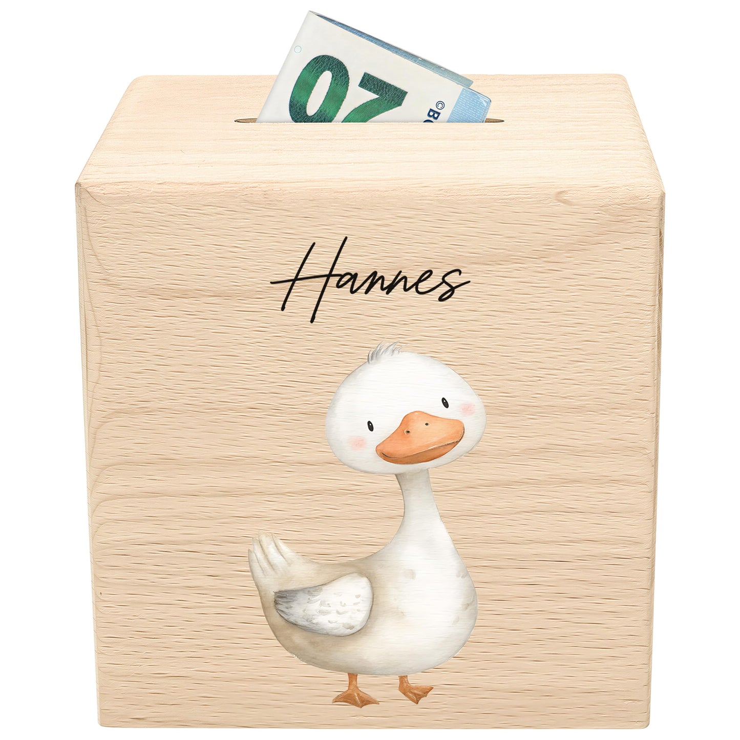 Gans Spardose für Kinder aus Holz personalisierte Sparbox Holzspardose mit Schlüssel als Geldgeschenk