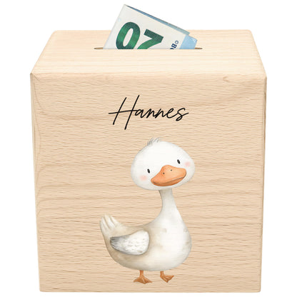 Gans Spardose für Kinder aus Holz personalisierte Sparbox Holzspardose mit Schlüssel als Geldgeschenk