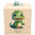 Dino Spardose für Kinder personalisiert Sparbox aus Holz T-Rex Sparschwein mit Schlüssel Taufgeschenk für Jungen und Mädchen