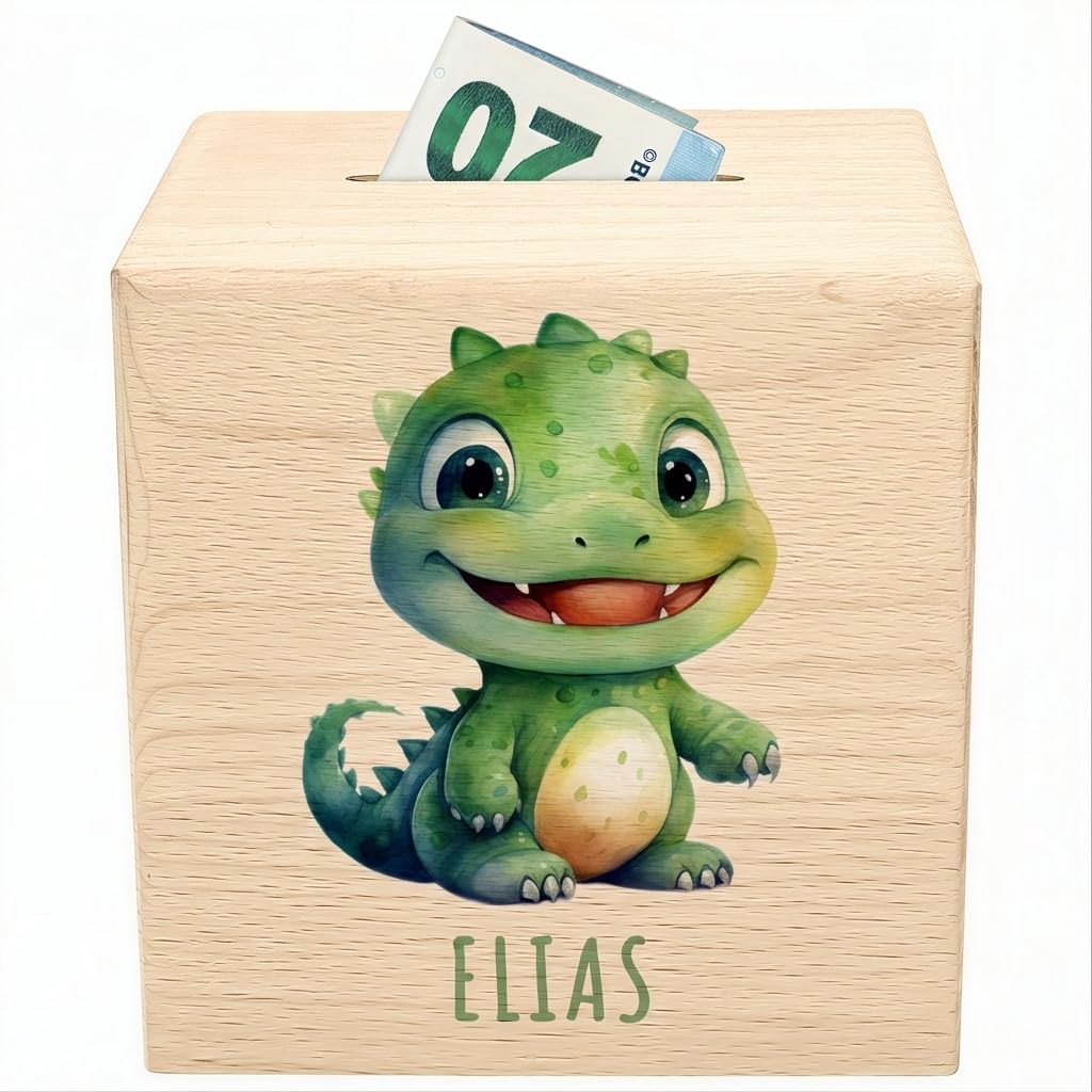Dino Spardose für Kinder personalisiert Sparbox aus Holz T-Rex Sparschwein mit Schlüssel Taufgeschenk für Jungen und Mädchen