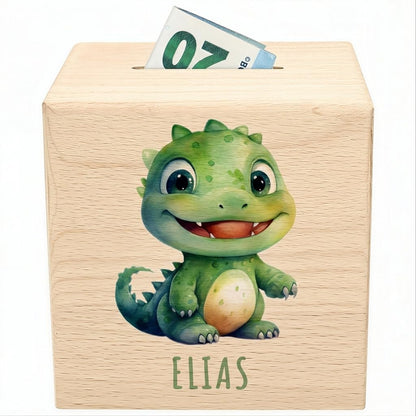 Dino Spardose für Kinder personalisiert Sparbox aus Holz T-Rex Sparschwein mit Schlüssel Taufgeschenk für Jungen und Mädchen