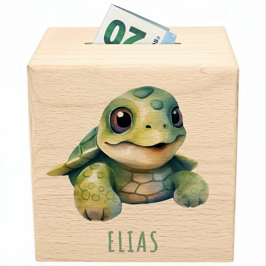 Schildkröte Spardose für Kinder personalisiert Sparbox aus Holz Sparschwein mit Schlüssel Taufgeschenk für Jungen und Mädchen