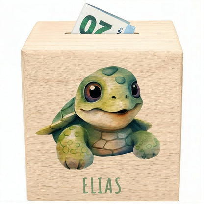Schildkröte Spardose für Kinder personalisiert Sparbox aus Holz Sparschwein mit Schlüssel Taufgeschenk für Jungen und Mädchen