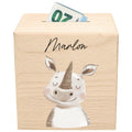 Spardose für Kinder Nashorn personalisiert Safari Tiere Sparbox aus Holz Sparschwein mit Schlüssel Taufgeschenk für Jungen & Mädchen