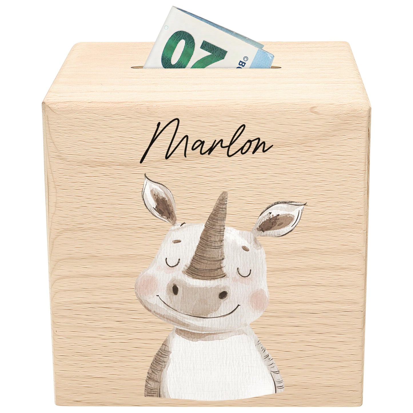 Spardose für Kinder Nashorn personalisiert Safari Tiere Sparbox aus Holz Sparschwein mit Schlüssel Taufgeschenk für Jungen & Mädchen