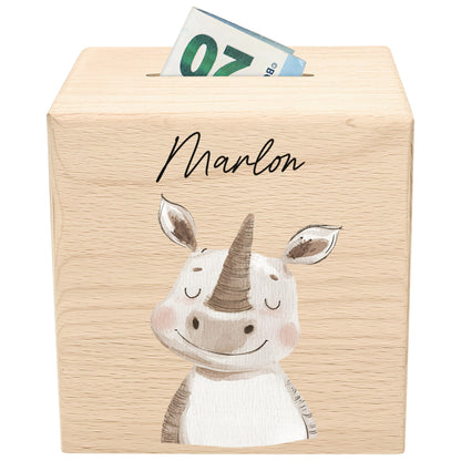 Spardose für Kinder Nashorn personalisiert Safari Tiere Sparbox aus Holz Sparschwein mit Schlüssel Taufgeschenk für Jungen & Mädchen